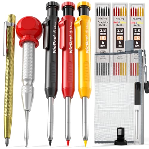Nicpro 10 Pack Carpenter Pencils Mechanical Construction Pencils with 21 Refill Automatic Center Punch and Carbide Scribe Tool Mechanical Pencil for Woodworking Best Carpenters Marking Tool - Image 1