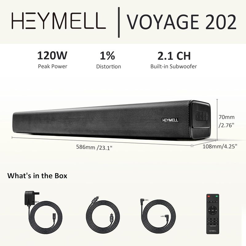 2.1ch 120W Small Bluetooth Soundbar for TV, PC, 23-inch TV Sound Bar with Built-in Subwoofer. Dialogue Enhancer, Optical/Aux, Wall Mount. Voyage 202 - Image 2