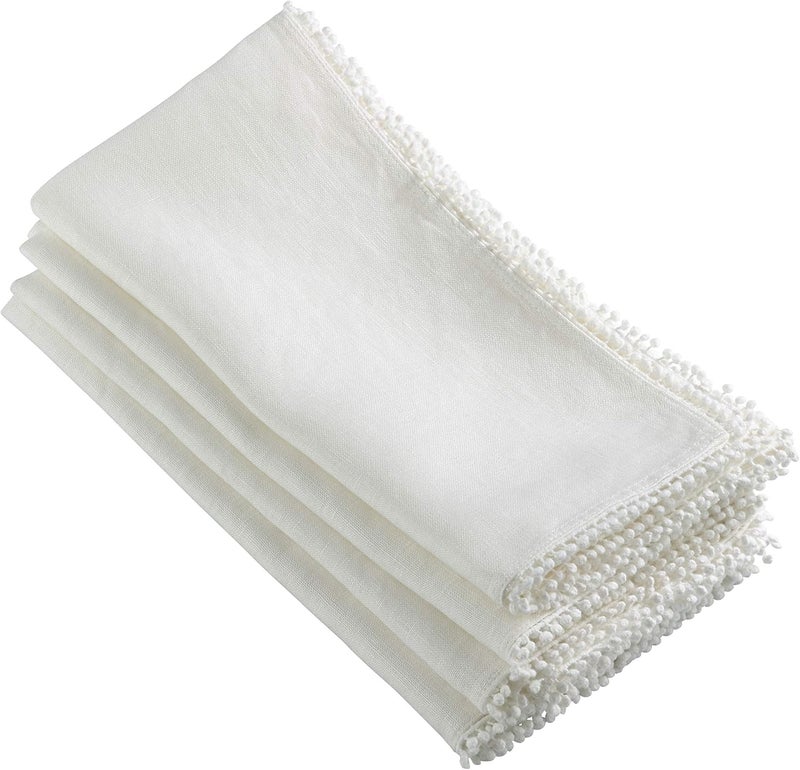 SARO LIFESTYLE 15062I20S Pomponin Collection Linen Pom Napkins Set of 4 20 Ivory - Image 1