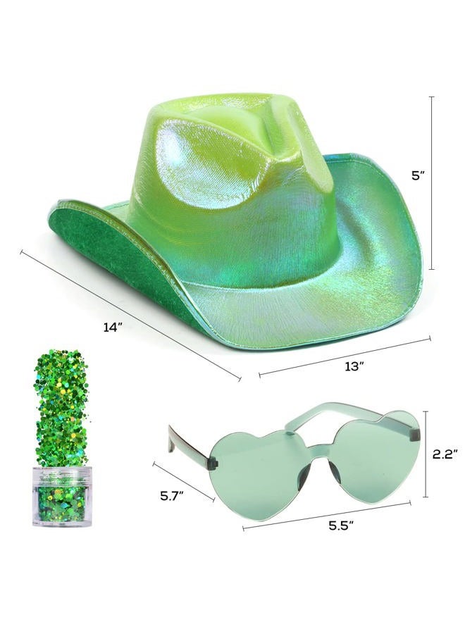 Funcredible Green Cowboy Hat and Glasses - Green Sparkly Holographic Cowboy Hat for Women - Cowgirl Costume Accessories, Green, One size - Image 2