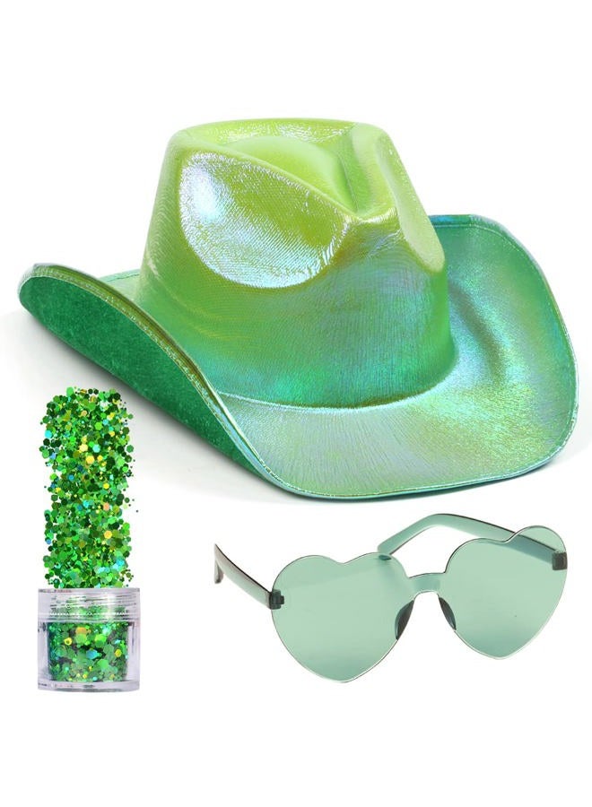 Funcredible Green Cowboy Hat and Glasses - Green Sparkly Holographic Cowboy Hat for Women - Cowgirl Costume Accessories, Green, One size - Image 1