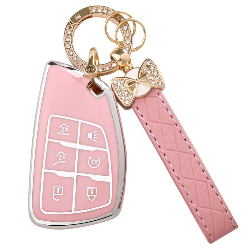 JAMCARI for Chevy Key Fob Cover - Soft TPU Protection Case with Keychain for 2021-2025 Chevy Suburban Tahoe GMC Yukon Denali Silverado Buick Enclave Smart Remote Key Shell ï¼ˆ6 Buttons Pinkï¼‰ - Image 1