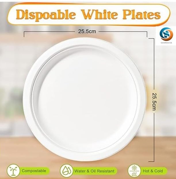 SANWALSA [10 inch, 15 Count, Round, Off-White Disposable Bagasse Paper Plates | Eco-Friendly Sugarcane Paper Plates for Wedding, Party, Cafes & Homes - Image 2