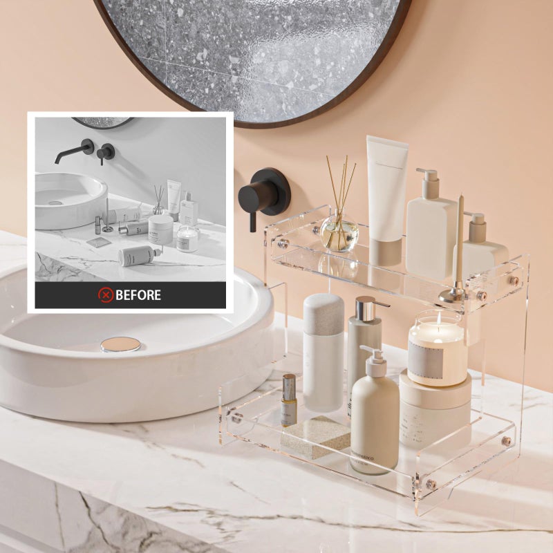 Acliys Bathroom Counter Organizer Countertop 2 Tier Storage Acrylic Corner Makeup Organizer for Perfume Stand, Vanity Holder, Dresser Tray, Spice Rack, Skincare, Coffee Bar, Room Decor (Clear) - Image 5
