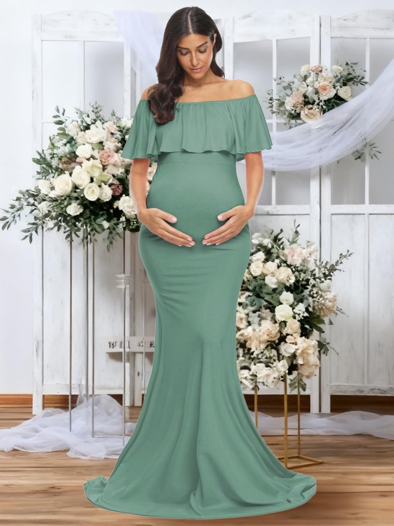Glampunch Womens Off Shoulder Maternity Dress Ruffles Elegant Slim Gowns Fit Maxi Photography Dress Sage - Image 2