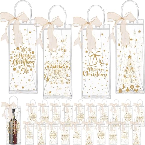 Henoyso 24 Pcs Christmas Wine Gift Bags Bulk Holiday Foil Wine Bottle Covers Christmas Clear Gift Bags with Handles and Bow Ribbon for Xmas Wedding Engagements Party 13 x 5 x 4 Inches Gold - Image 1