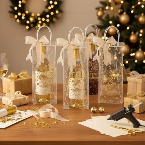 Henoyso 24 Pcs Christmas Wine Gift Bags Bulk Holiday Foil Wine Bottle Covers Christmas Clear Gift Bags with Handles and Bow Ribbon for Xmas Wedding Engagements Party 13 x 5 x 4 Inches Gold - Image 3