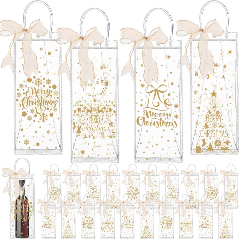Henoyso 24 Pcs Christmas Wine Gift Bags Bulk Holiday Foil Wine Bottle Covers Christmas Clear Gift Bags with Handles and Bow Ribbon for Xmas Wedding Engagements Party 13 x 5 x 4 Inches Gold - Image 2