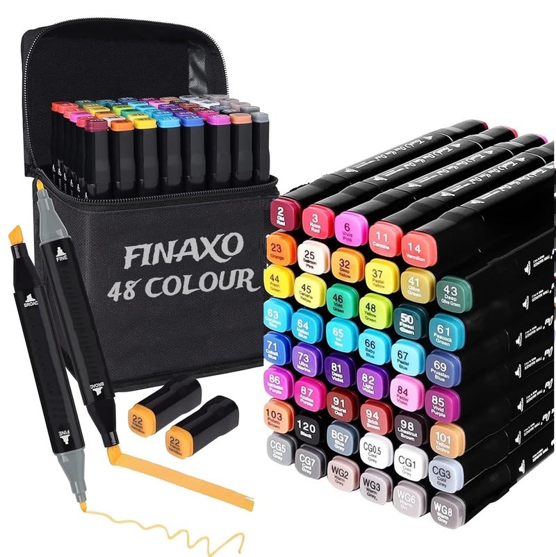 Finaxo Colors Art Markers Sketch Pen Dual Tip Artist Art Marker Vibrant Colors Set For Coloring Sketching Drawing Painting, Twin Head Permanent Sketch Markers Pen With Carry Case, Multicolor (48) - Image 1
