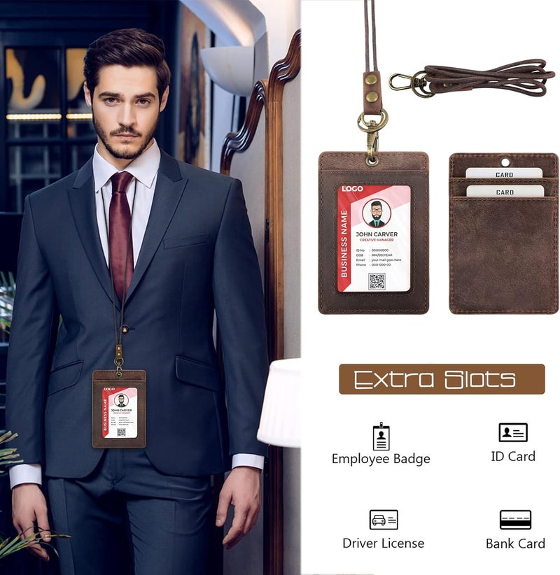 boshiho Office Lanyard Card Holder with Neck Strap, Faux Leather, Ideal for ID Cards and Other Cards as well as Keys, USB Drives or Mobile Phones, Strong Attachment Clip, Dark Brown - Image 4