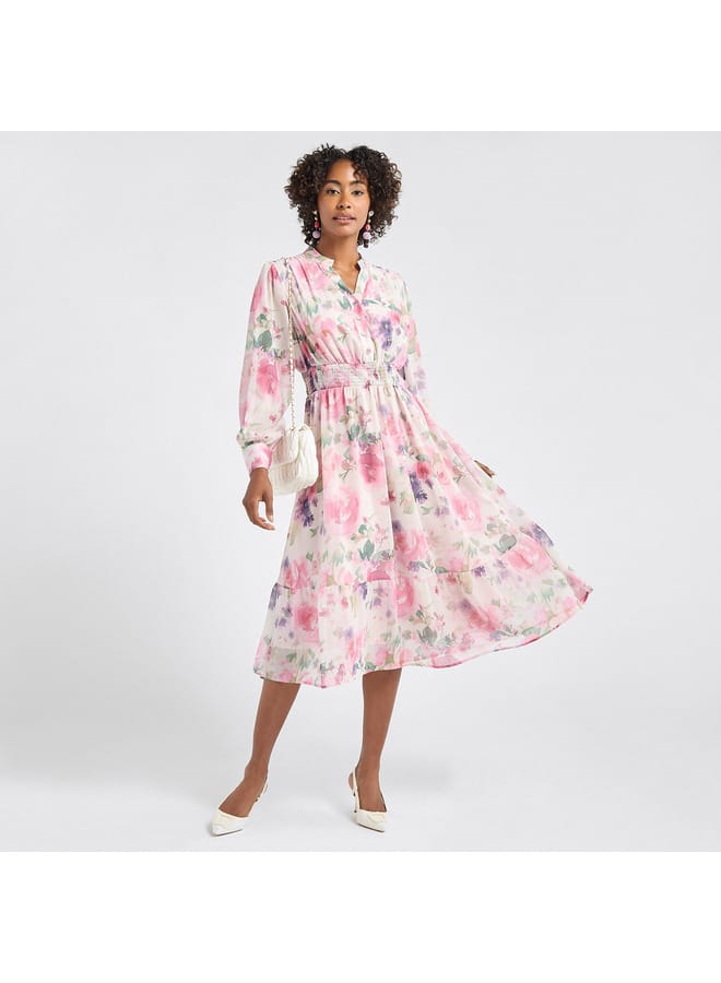 Splash FAV All-Over Floral Print Midi Shirt Dress with Shirred Detail and Long Sleeves  - Image 2