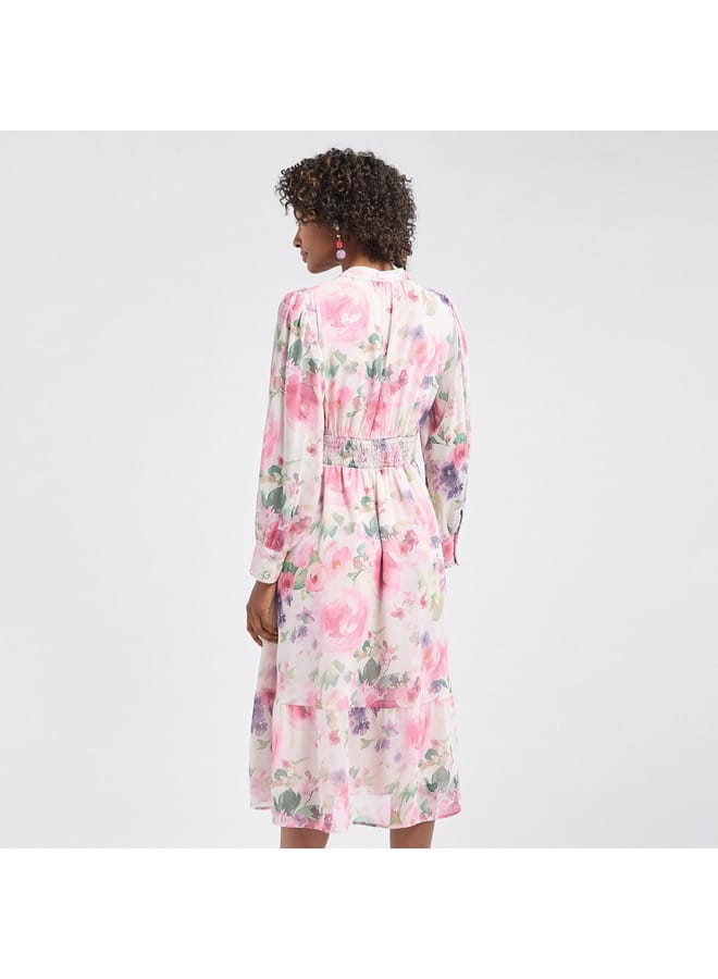Splash FAV All-Over Floral Print Midi Shirt Dress with Shirred Detail and Long Sleeves  - Image 3