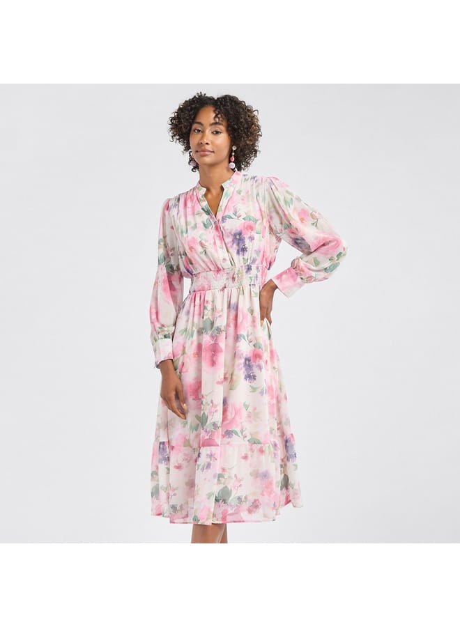 Splash FAV All-Over Floral Print Midi Shirt Dress with Shirred Detail and Long Sleeves  - Image 1