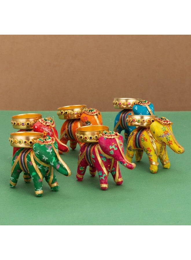 JH Gallery Handcrafted Recycled Material Elephant Tealight Candle Holder Home Decoration Item for Diwali Decor (Multicolor, 8 X 5 X 10 Cm) - Pack of 6 - Image 1