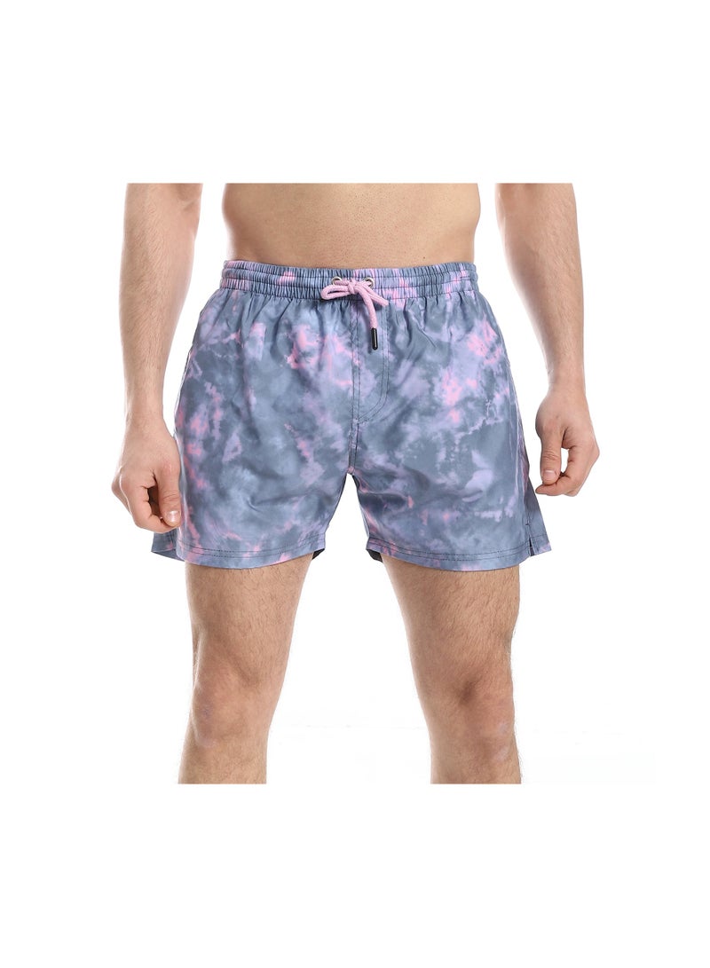 Pavone Tie-Dye Pattern Elastic Waist Swim Shorts - Grey & Purple - Image 1