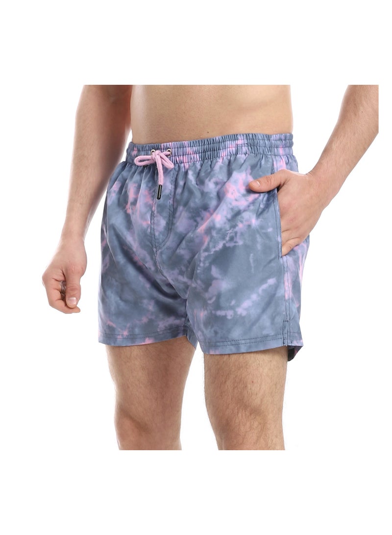 Pavone Tie-Dye Pattern Elastic Waist Swim Shorts - Grey & Purple - Image 2