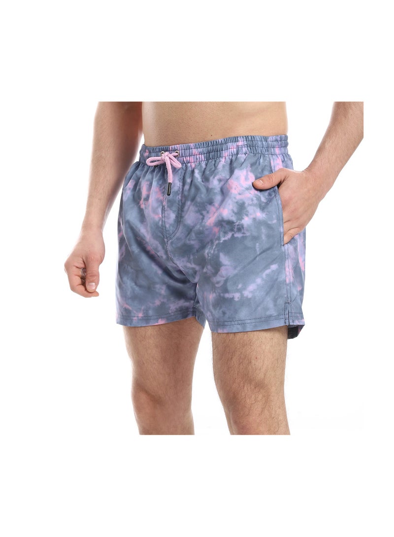 Pavone Tie-Dye Pattern Elastic Waist Swim Shorts - Grey & Purple - Image 4