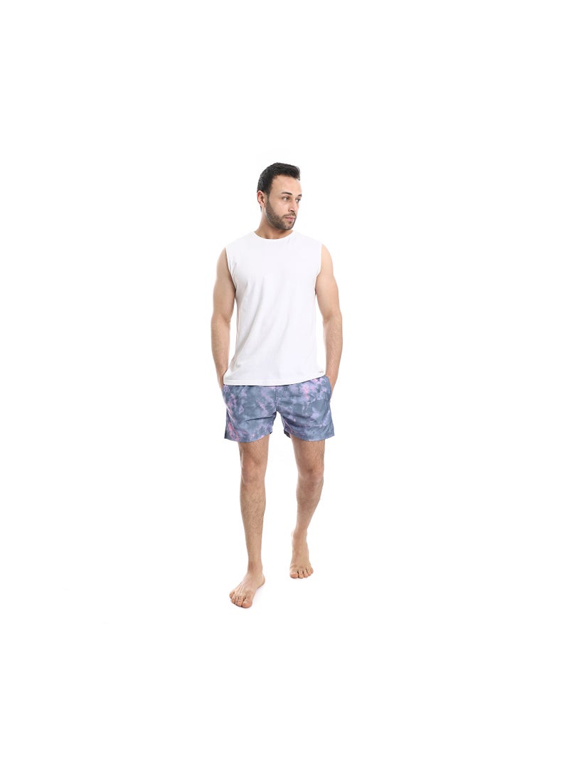Pavone Tie-Dye Pattern Elastic Waist Swim Shorts - Grey & Purple - Image 5