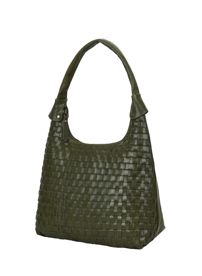 ANTONIO VALERIA Allison Braided Leather Tote Bag for Women, Braided Green, 14.5"X9"X5.2" - Image 1