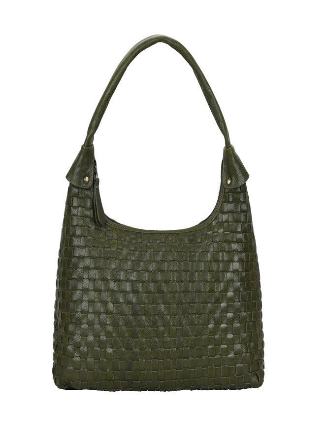 ANTONIO VALERIA Allison Braided Leather Tote Bag for Women, Braided Green, 14.5"X9"X5.2" - Image 2