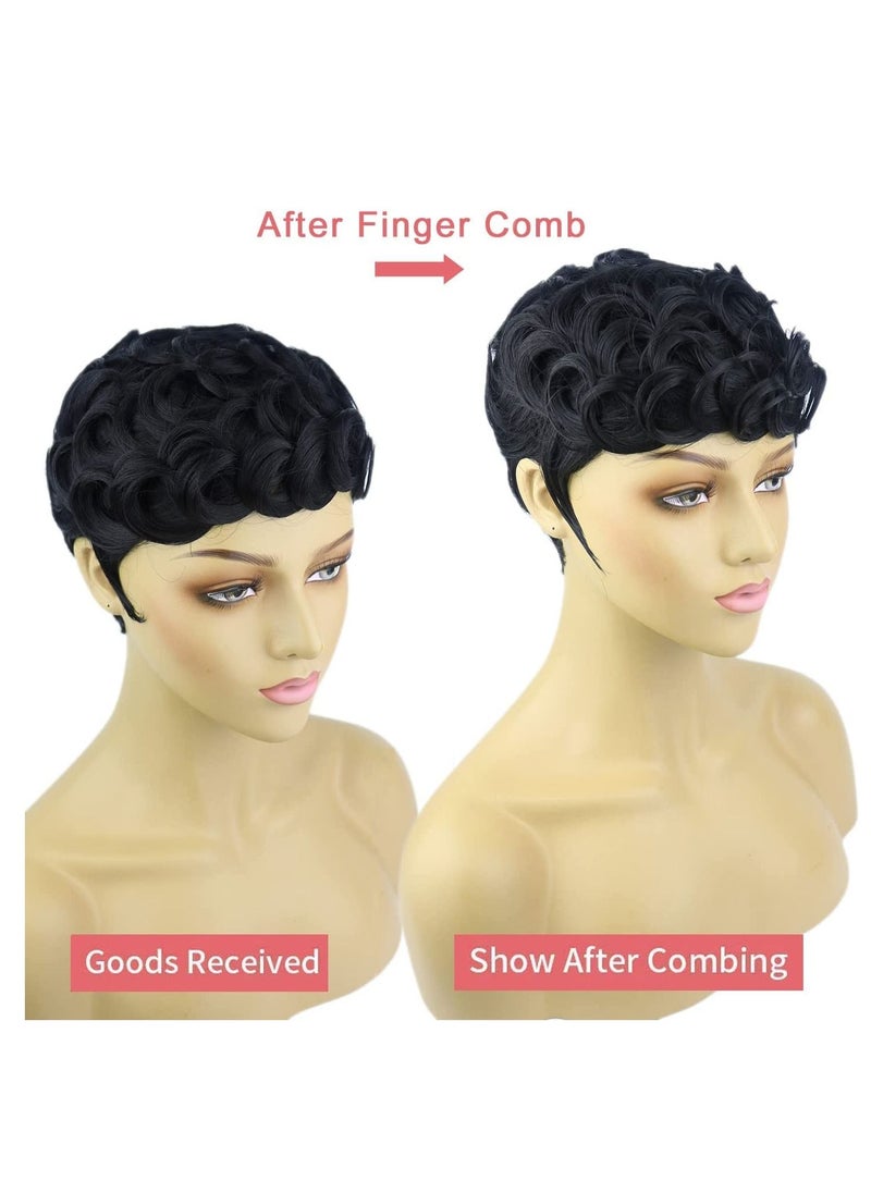 Excefore - Black Short Wavy Hair Wigs, Curly Pixie Cut Wigs with Bangs Fluffy Natural Daily Wig Heat Resistant Synthetic Fiber - Image 1