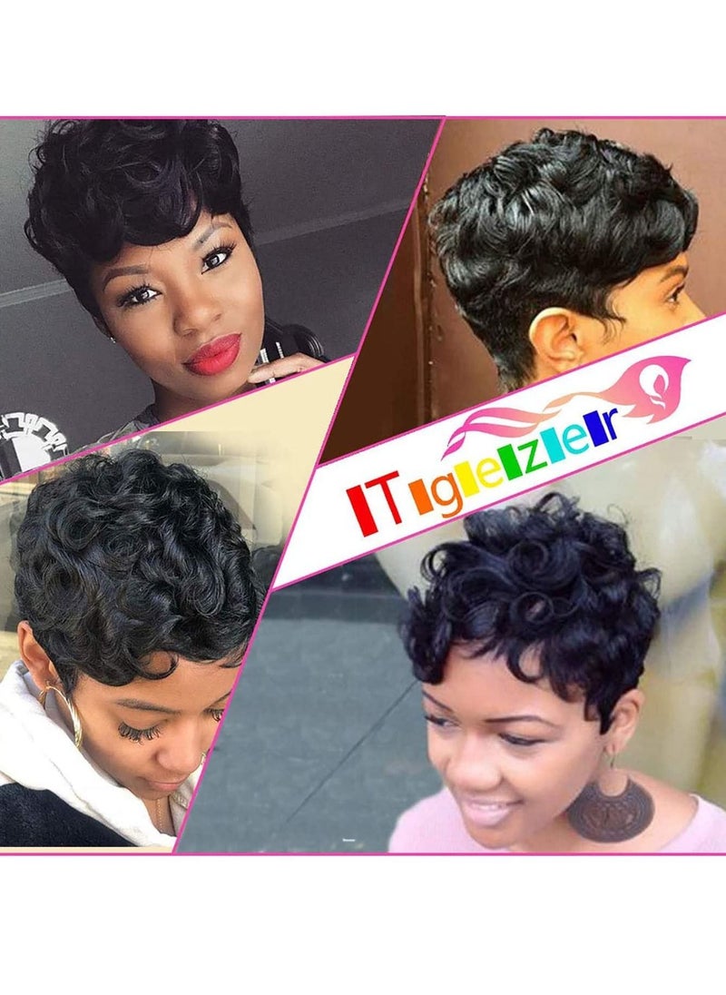 Excefore - Black Short Wavy Hair Wigs, Curly Pixie Cut Wigs with Bangs Fluffy Natural Daily Wig Heat Resistant Synthetic Fiber - Image 1