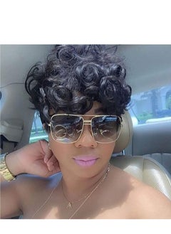 Black Short Wavy Hair Wigs, Curly Pixie Cut Wigs with Bangs Fluffy Natural Daily Wig Heat Resistant Synthetic Fiber