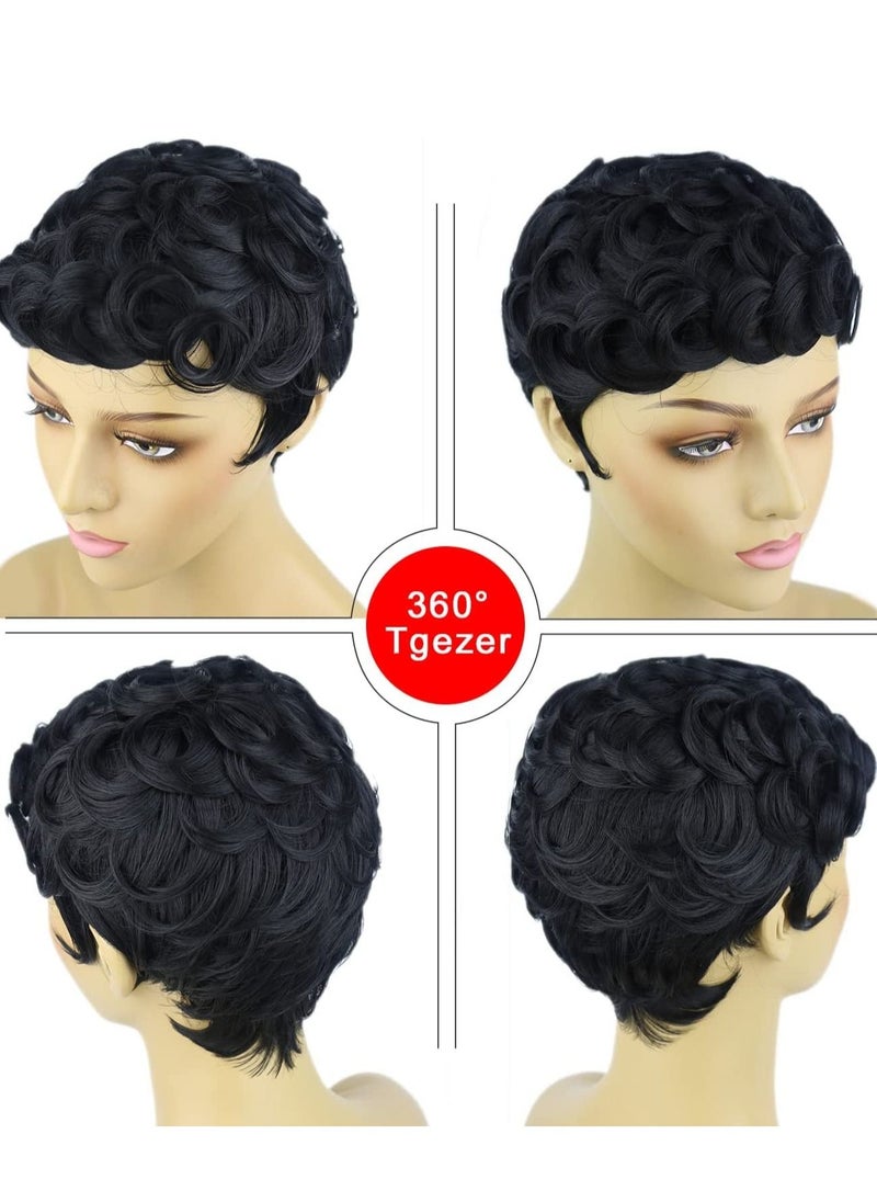 Excefore - Black Short Wavy Hair Wigs, Curly Pixie Cut Wigs with Bangs Fluffy Natural Daily Wig Heat Resistant Synthetic Fiber - Image 1