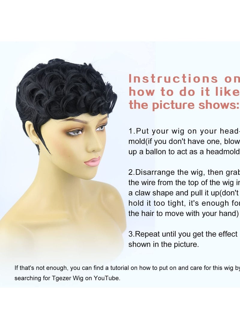 Excefore - Black Short Wavy Hair Wigs, Curly Pixie Cut Wigs with Bangs Fluffy Natural Daily Wig Heat Resistant Synthetic Fiber - Image 1