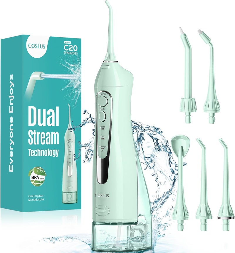 COSLUS C20 Water Flosser خيط مائي خيط تنظيف المياه للعناية بالأسنان واللثة، لاسلكي، خزان مياه كبير، تنظيف عميق، قابل لإعادة الشحن، مقاوم للماء، خالٍ من مادة BPA، متعدد الفوهات، منزلي وسفر، أخضر - Image 1
