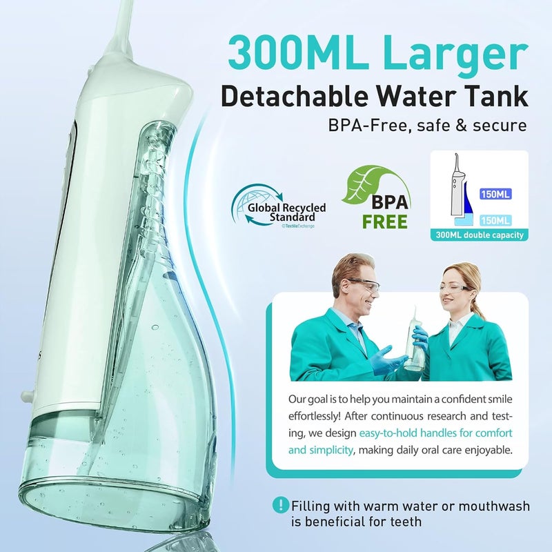 COSLUS C20 Water Flosser خيط مائي خيط تنظيف المياه للعناية بالأسنان واللثة، لاسلكي، خزان مياه كبير، تنظيف عميق، قابل لإعادة الشحن، مقاوم للماء، خالٍ من مادة BPA، متعدد الفوهات، منزلي وسفر، أخضر - Image 3