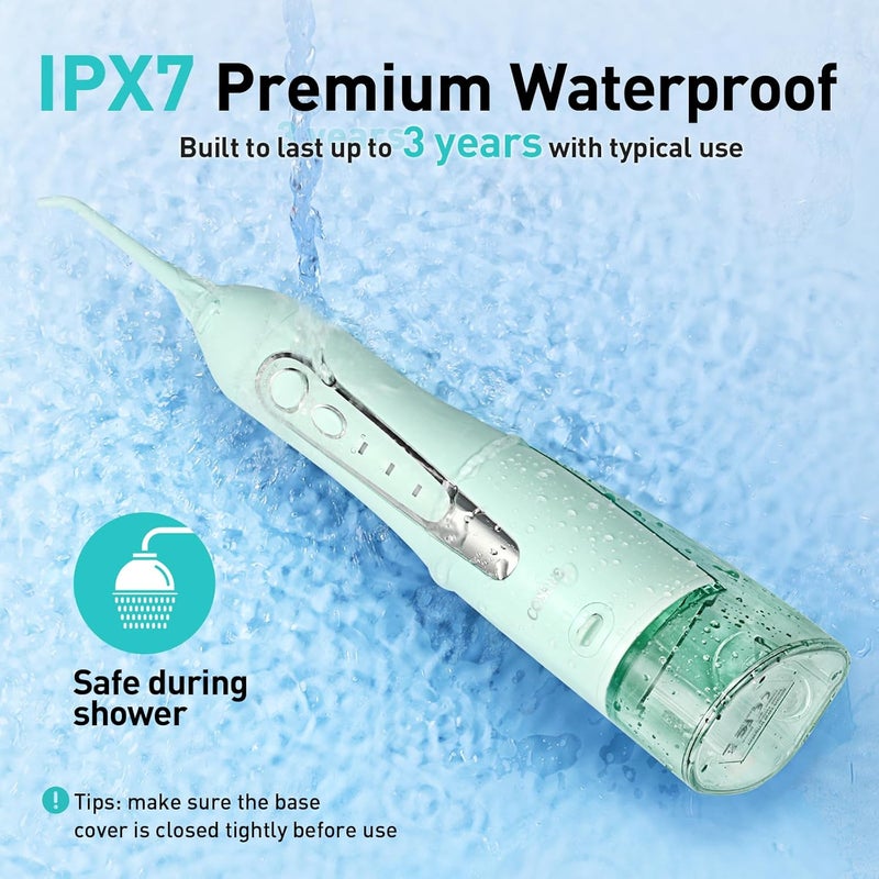 COSLUS C20 Water Flosser خيط مائي خيط تنظيف المياه للعناية بالأسنان واللثة، لاسلكي، خزان مياه كبير، تنظيف عميق، قابل لإعادة الشحن، مقاوم للماء، خالٍ من مادة BPA، متعدد الفوهات، منزلي وسفر، أخضر - Image 4
