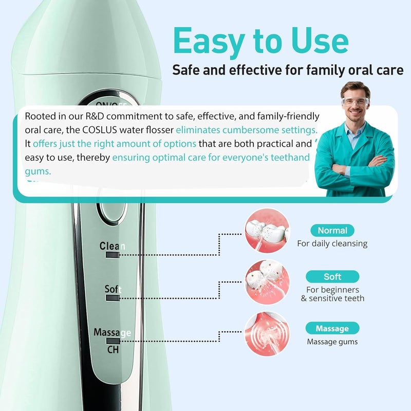 COSLUS C20 Water Flosser خيط مائي خيط تنظيف المياه للعناية بالأسنان واللثة، لاسلكي، خزان مياه كبير، تنظيف عميق، قابل لإعادة الشحن، مقاوم للماء، خالٍ من مادة BPA، متعدد الفوهات، منزلي وسفر، أخضر - Image 5
