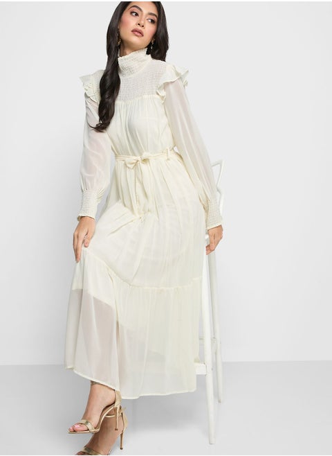 High Neck Ruffle Shoulder Dress