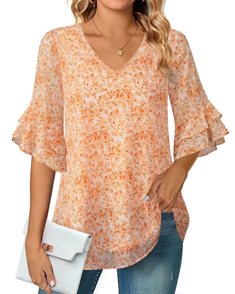 VALOLIA Womens Blouses: Tops for Women Trendy - Womens Chiffon Blouses - Dress Shirts for Women XX-Large Flower Orange - Image 1