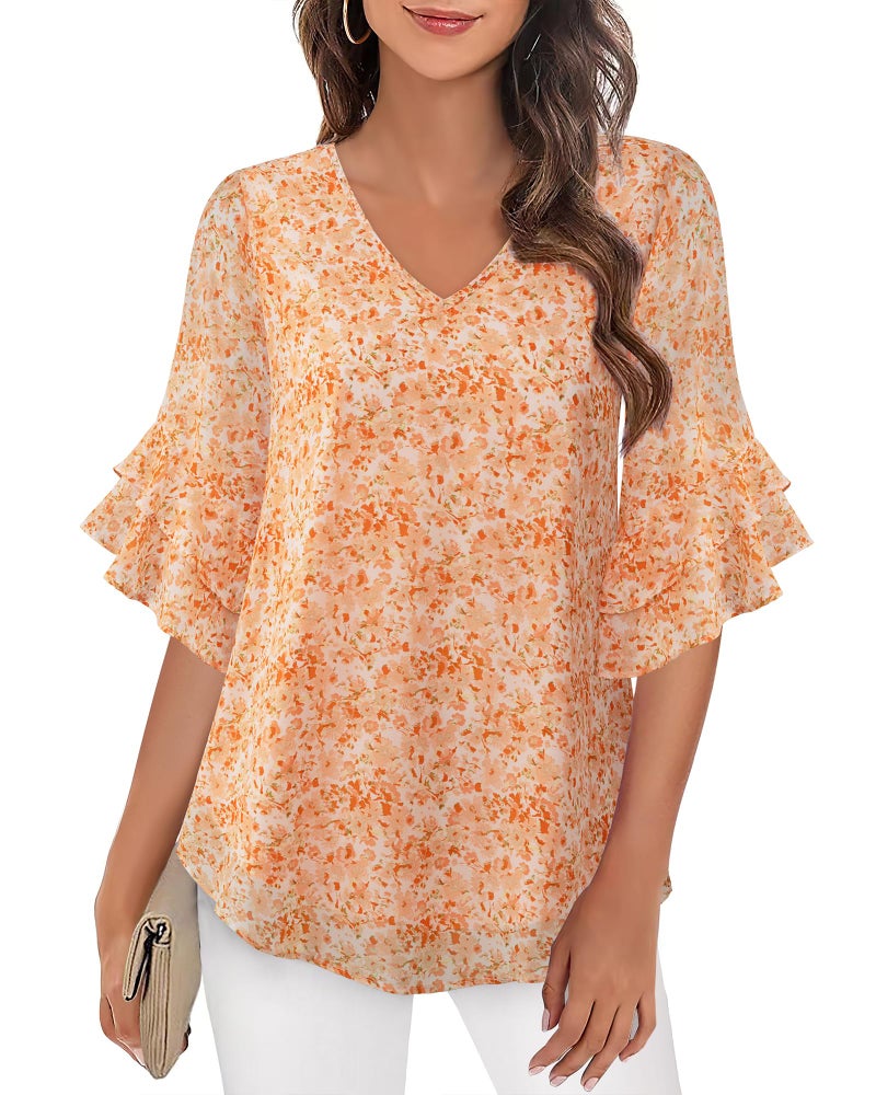 VALOLIA Womens Blouses: Tops for Women Trendy - Womens Chiffon Blouses - Dress Shirts for Women XX-Large Flower Orange - Image 2