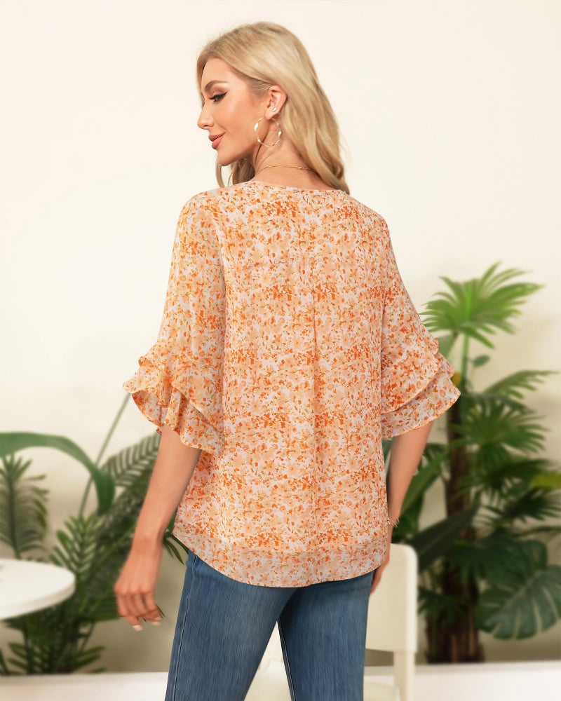 VALOLIA Womens Blouses: Tops for Women Trendy - Womens Chiffon Blouses - Dress Shirts for Women XX-Large Flower Orange - Image 3