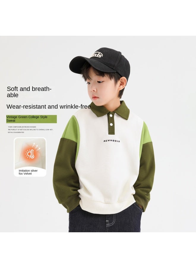 Zuoxi Boys' Fleece-lined Hoodie Winter Kids' Warm Polo Shirt Pullover Thickened Top - Image 2