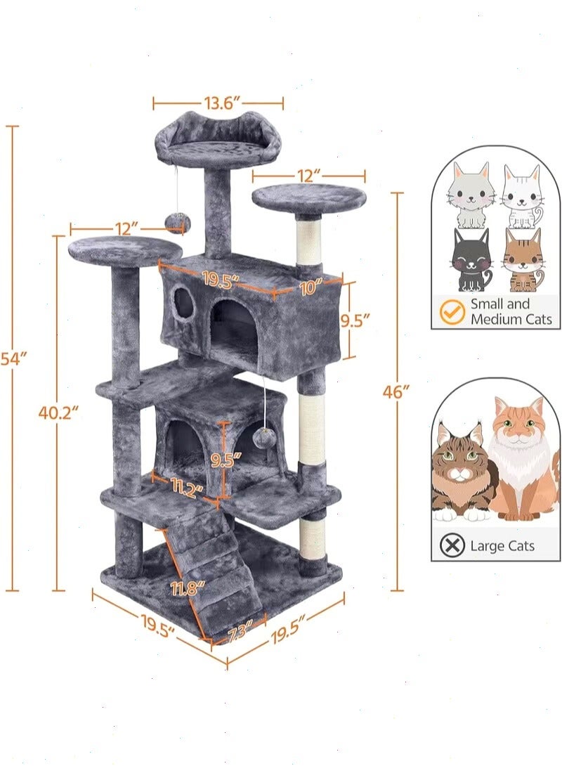 Dark Grey Multi-Level Cat Tree Tower with Cozy Cat House, Sisal Scratching Posts, Activity Center, Ladder, and Plush Resting Areas for Indoor Cats - Image 2