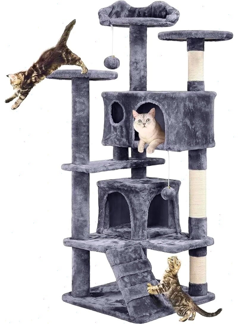 Dark Grey Multi-Level Cat Tree Tower with Cozy Cat House, Sisal Scratching Posts, Activity Center, Ladder, and Plush Resting Areas for Indoor Cats - Image 3