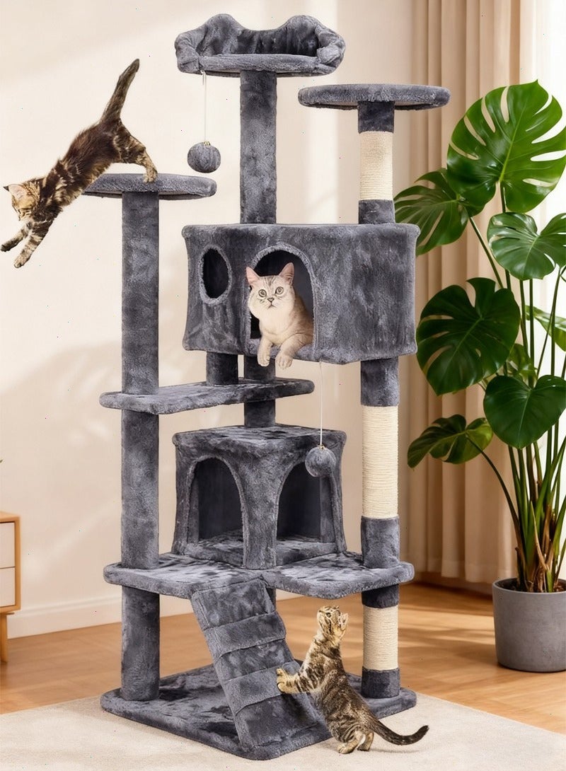 Dark Grey Multi-Level Cat Tree Tower with Cozy Cat House, Sisal Scratching Posts, Activity Center, Ladder, and Plush Resting Areas for Indoor Cats - Image 1