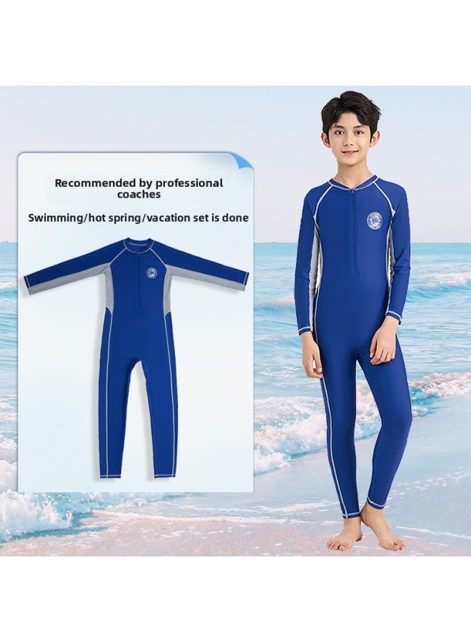Loquat Children's Long-sleeved Swimsuit One-piece Hot Spring Swimsuit Small Medium And Big Children Diving Suit Boys' Sun Protection Customization-Color:22518 Sapphire Blue + PU Cap + Goggles + Bag- - Image 2