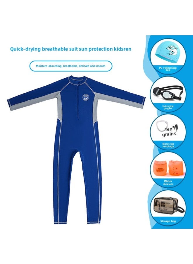 Loquat Children's Long-sleeved Swimsuit One-piece Hot Spring Swimsuit Small Medium And Big Children Diving Suit Boys' Sun Protection Customization-Color:22518 Sapphire Blue + PU Cap + Goggles + Bag- - Image 4