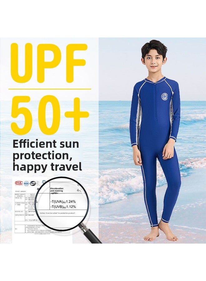 Loquat Children's Long-sleeved Swimsuit One-piece Hot Spring Swimsuit Small Medium And Big Children Diving Suit Boys' Sun Protection Customization-Color:22518 Sapphire Blue + PU Cap + Goggles + Bag- - Image 3