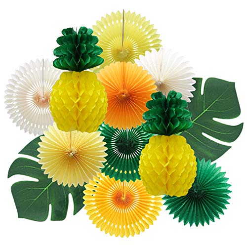 MEIDUO Summer Pineapple Party Decoration, Hawaiian Party Supplies Tropical Palm Leaves Honeycomb Pineapple Hanging Paper Fans for Adults Kids Birthday Baby Shower Bachelorette (Yellow) - Image 1
