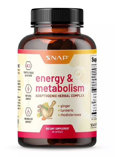Energy & Metabolism Adaptogenic Herbal Complex Ginger Turmeric Rhodiola Rosea Fights Stress & Fatigue¹ Natural Energy² Metabolism Support³, Free Of Big 8 Allergens, Dietary Supplement 60 Capsules