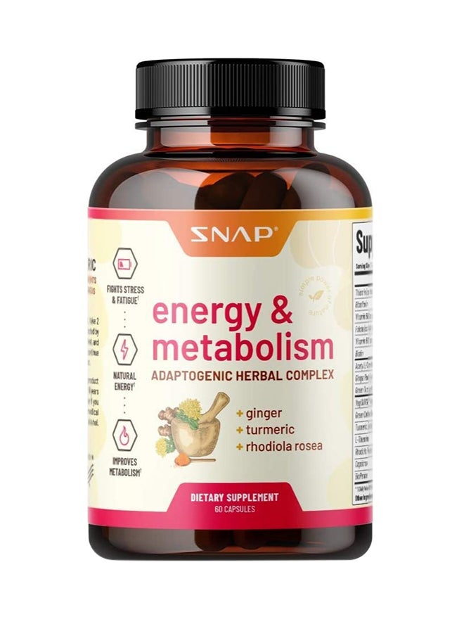 SNAP SUPPLEMENTS - Energy And Metabolism Adaptognic hrerbal complex +ginger+turmeric+rhodiola rosea,Fights stress &fatigue,natural energy Metabolism Support Dietary Supplement 60 Capsules - Image 1