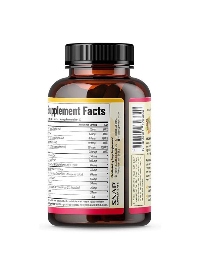 SNAP SUPPLEMENTS - Energy And Metabolism Adaptognic hrerbal complex +ginger+turmeric+rhodiola rosea,Fights stress &fatigue,natural energy Metabolism Support Dietary Supplement 60 Capsules - Image 1