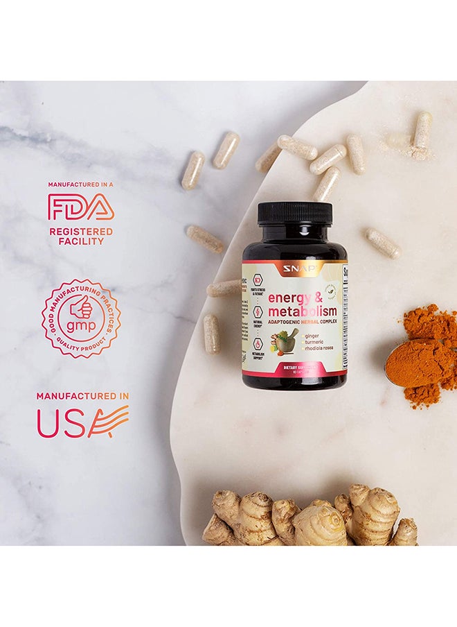 SNAP SUPPLEMENTS - Energy And Metabolism Adaptognic hrerbal complex +ginger+turmeric+rhodiola rosea,Fights stress &fatigue,natural energy Metabolism Support Dietary Supplement 60 Capsules - Image 1