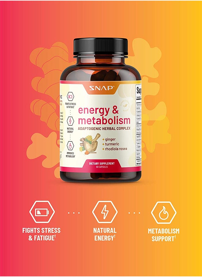 SNAP SUPPLEMENTS - Energy And Metabolism Adaptognic hrerbal complex +ginger+turmeric+rhodiola rosea,Fights stress &fatigue,natural energy Metabolism Support Dietary Supplement 60 Capsules - Image 1